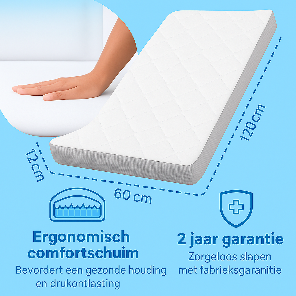 Densi Baby Matras - NubiBaby Cloud- 60x120 cm - 12 cm dik - Koudschuim met Trapvaste Randen – Oeko-Tex – Ademend & Wasbare Hoes – Duurzaam & Ergonomisch