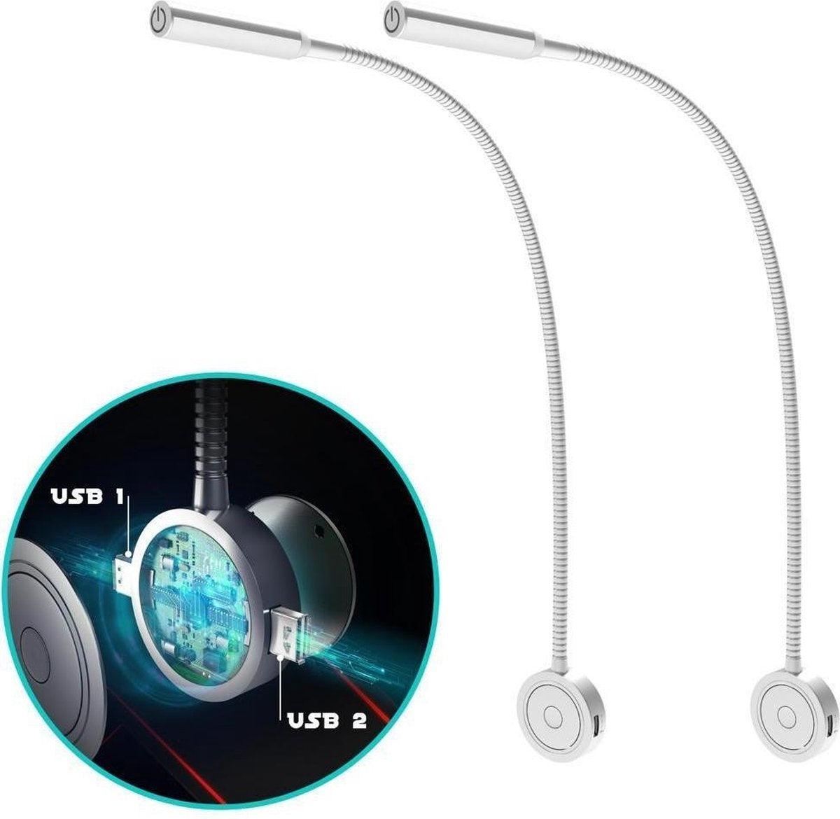 Bed Leeslampjes met Dimfunctie zilver en USB aansluiting