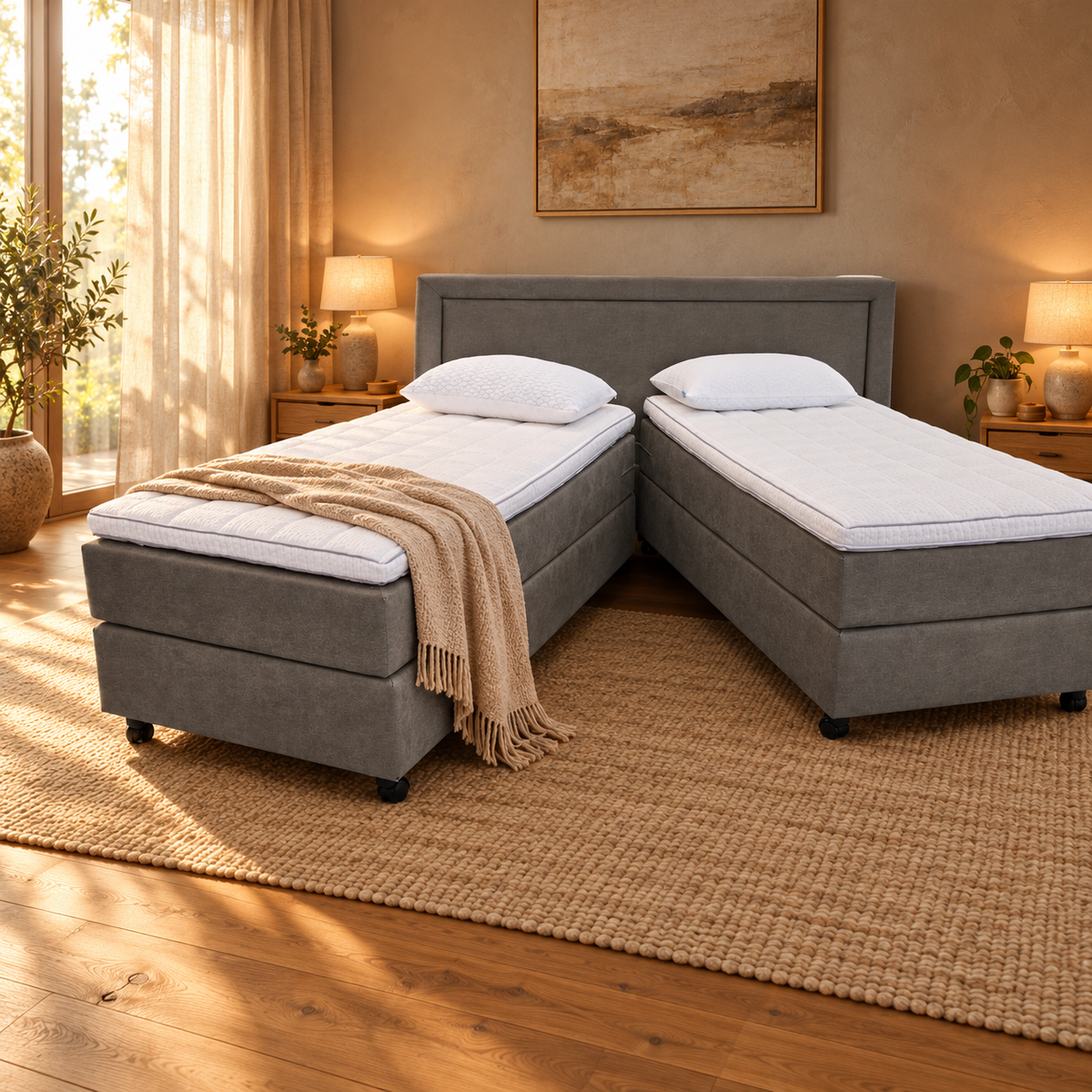 Boxspring Whistler – Verrijdbaar en deelbaar, inclusief matras en topper