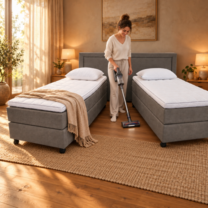 Boxspring Whistler – Verrijdbaar en deelbaar, inclusief matras en topper