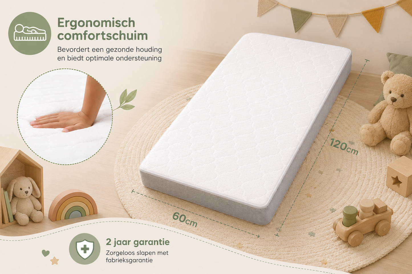 Densi Baby Matras - NubiBaby Cloud- 60x120 cm - 12 cm dik - Koudschuim met Trapvaste Randen – Oeko-Tex – Ademend & Wasbare Hoes – Duurzaam & Ergonomisch